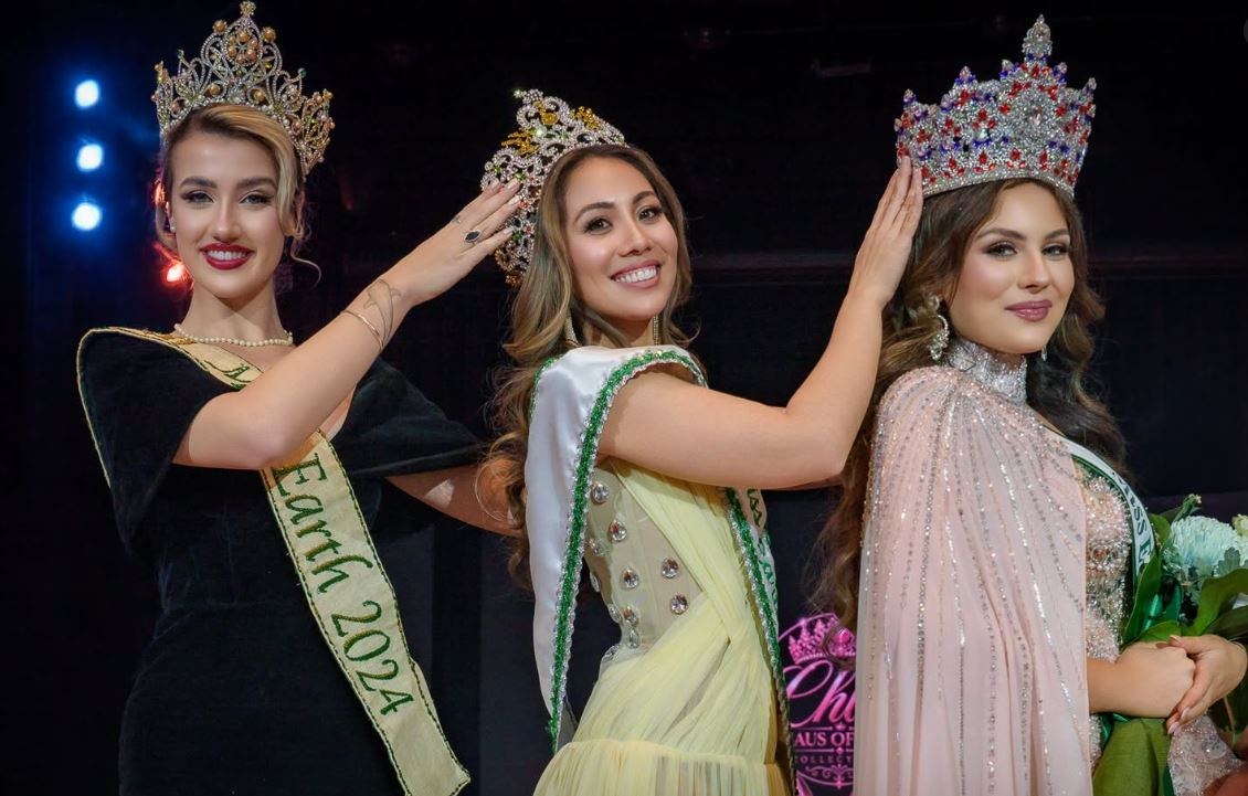 Miss Earth Australia 2024 Jessica Lane, Miss Earth Australia 2025 Alexa Roder and Miss Earth Australia 2026 Helena Ristevski crowning one another