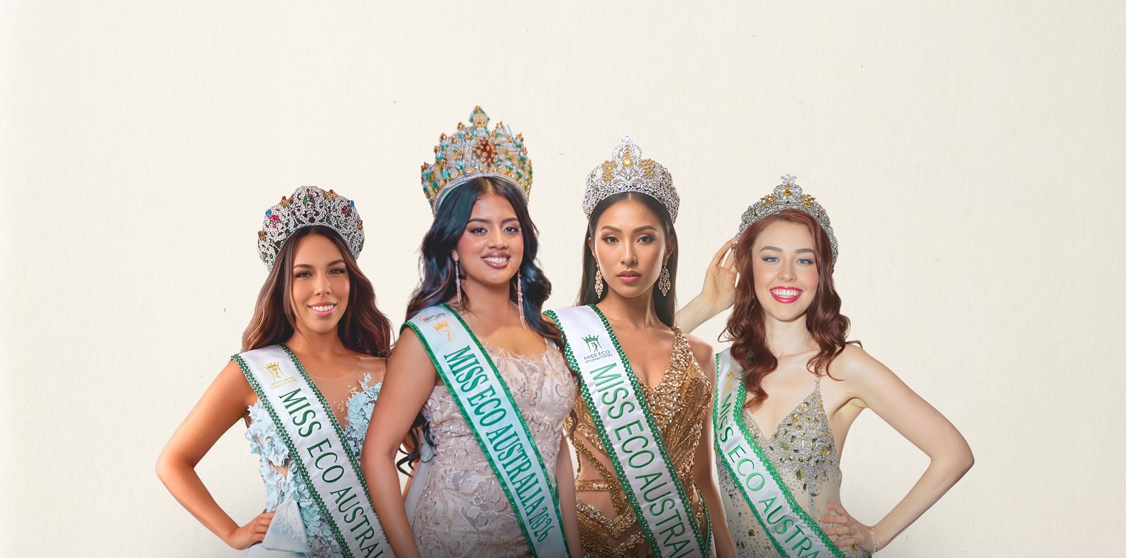 Three Miss Eco Australia queens wearing their crowns and sashes